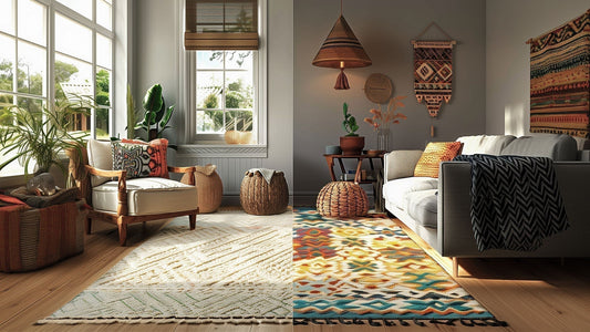 A split-screen image showcasing a natural wool rug in a cozy living room setting, emphasizing eco-friendly appeal. On the left,a synthetic nylon rug in a high-traffic area, showcasing durability and vibrant patterns-Richa Exports