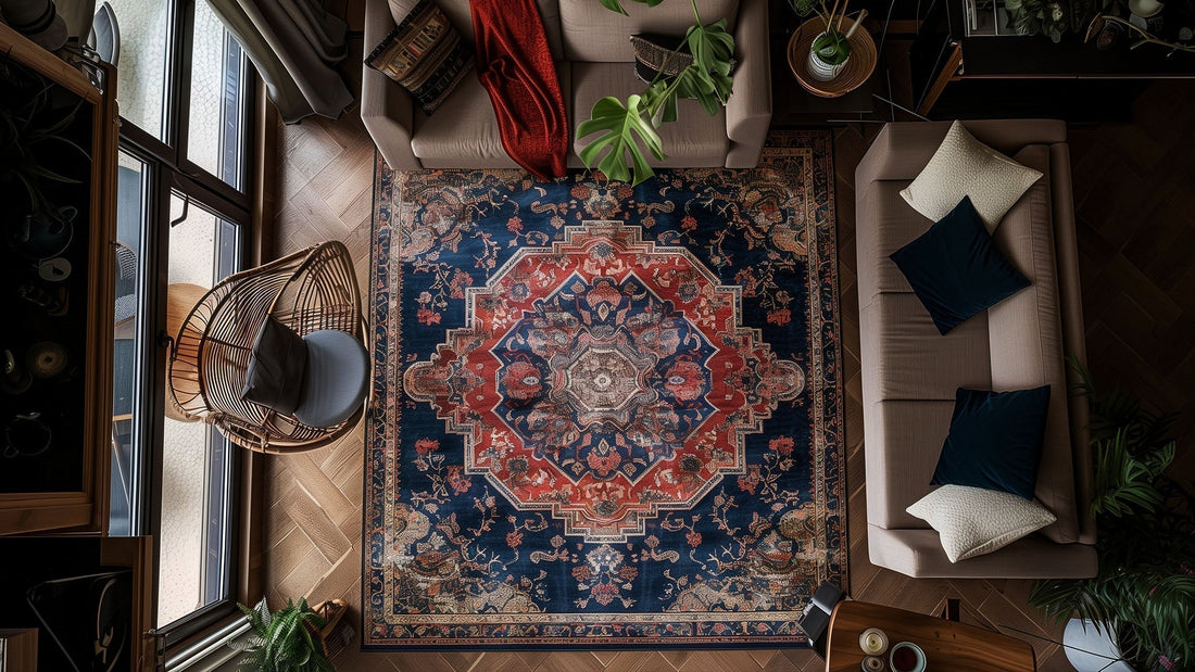 An elegant living space with a large oriental stylish red and navy blue pattern rug that ties together various color elements, creating a warm and inviting atmosphere-Richa Exports