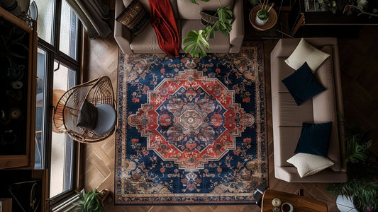 An elegant living space with a large oriental stylish red and navy blue pattern rug that ties together various color elements, creating a warm and inviting atmosphere-Richa Exports