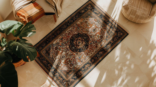 A Persian rug placed in an elegant living room, showcasing intricate patterns and rich colors while enhancing the space with timeless sophistication – Richa Exports