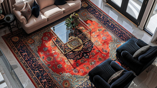 An elegant living space with a stylish rug that ties together various color elements, creating a warm and inviting atmosphere-Richa Exports